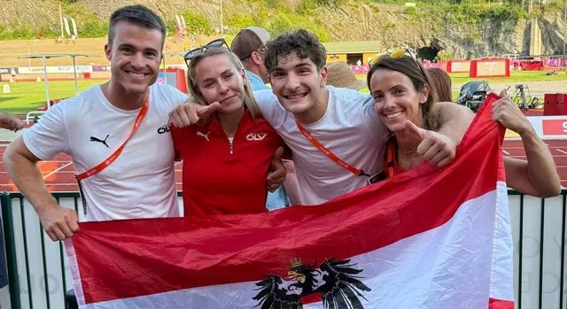 Die Freude ist grenzenlos, im Juli wurde Enzo Diessl in Bergen U23-Hürden-Europameister (v.l.): Christoph Ranz, Isabelle Engel, Enzo Diessl, Beate Hochleitner (v.l.) | Foto: Sportunion