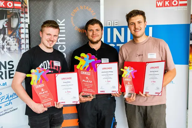 Diese drei waren die besten im Bereich Land- und Baumaschinenbautechnik v. l.: Niklas Zmug (2. Platz), Philipp Löschenkohl (1.Platz) und Samuel Sereinig (3. Platz). | Foto: WKK | PSB-Media