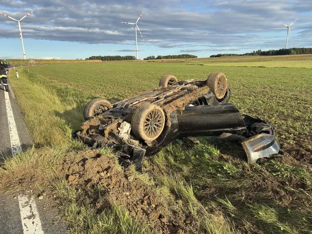 Der PKW kam in einem Feld am Dach zu liegen. | Foto: FF Raabs