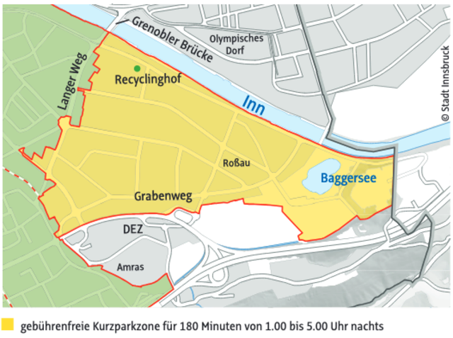 Die neue gebührenfreie Nachtkurzparkzone in der Rossau. | Foto: Stadt Innsbruck