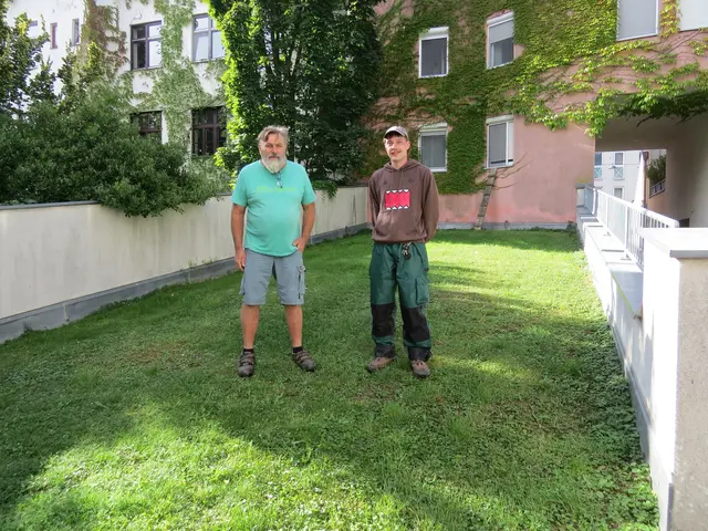 Walter Vanicek und Lehrling Tristan Csiza auf einer begrünten Garageneinfahrt samt bewachsener Fassade in Floridsdorf. | Foto: Sabine Krammer