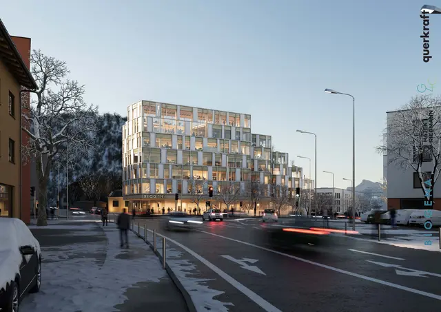 Das neue Biogena Headquarter an der Sterneck-Kreuzung. Es soll 26 Meter hoch werden, das rief öffentliche Kritik hervor. Nach dem Ergebnis einer Sichtfeldstudie ist das geplante Firmengebäude mit dem Welterbe vereinbar. | Foto: Querkraft