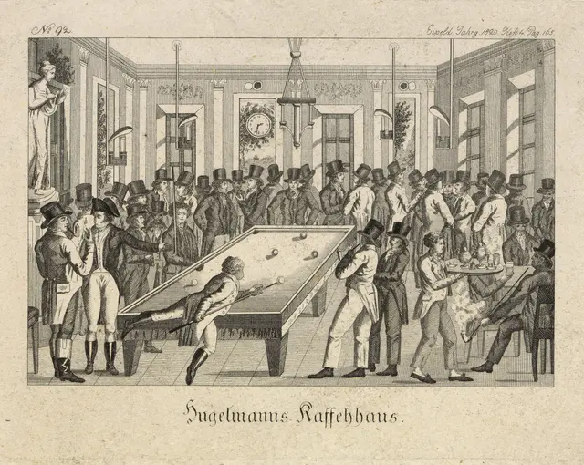 "Hugelmanns Kaffeehaus" bei der ehemaligen Schlagbrücke im 2. Bezirk, hier wurde auch Billiard gespielt. Aus dem Buch "Briefe eines Eipeldauers an seinen Vettern in Kakran", 1820. | Foto: unbekannt/Wien Museum