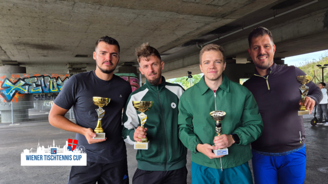 Die Sieger des Wiener Tischtennis Cup 2025 posieren nach dem Finale im Tangentenpark Favoriten. | Foto: Tischtennis Hobby Wien