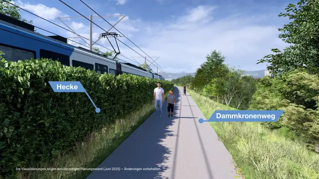 Zwischen dem Knoten Urfahr Ost und der JKU wird die Regional-Stadtbahn entlang des Hochwasserschutzdammes verlaufen. Dazu wird der Damm Richtung Donau verbreitert. | Foto: ILF/Stadler by Döllmann Design/Upart