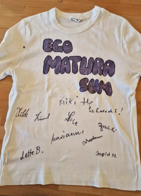 Memories - ein T-Shirt mit Symbolcharakter, unser Maturaleiberl vom Juni 1980 (Unterschriften Professorinnen)
 | Foto: © Privatarchiv Maria-Luise Hoffmann