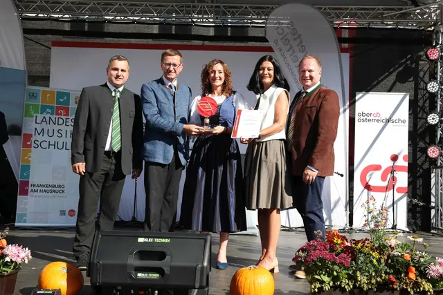 Windhaag bei Perg ist Landessieger beim OÖ. Ortsbildpreis 2025 – v.l.: Georg Dolzer, Wirtschafts- und Raumordnungs-Landesrat Markus Achleitner, Bürgermeisterin Bettina Schönbeck, Windhaag bei Perg, Vorstandsdirektorin Kathrin Kühtreiber, OÖ Versicherung, Martin Luger. | Foto: Land OÖ/Daniela Sternberger