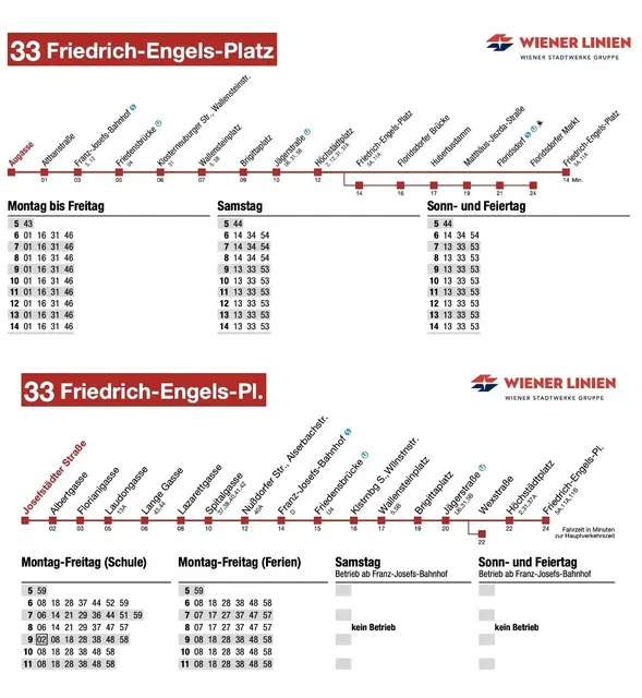 Oben: Fahrplan/Aushang der Linie 33 seit 1. September 2025; unten: Fahrplan/Aushang der Linie 33 vor 1. September 2025. | Foto: Collage/Wiener Linien