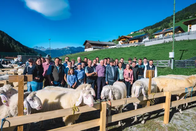 Die Vereinsmitglieder vom Schafzuchtverein Navis rund um Obmann Gerald Penz vor der Ausstellung mit über 200 Tieren am Festplatz in Navis. | Foto: Pernsteiner