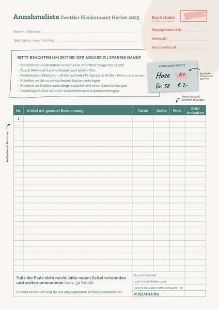 Zwettl an der Rodl Kleidermarkt Abgabeliste 
Flyer A zweite Chance 2025