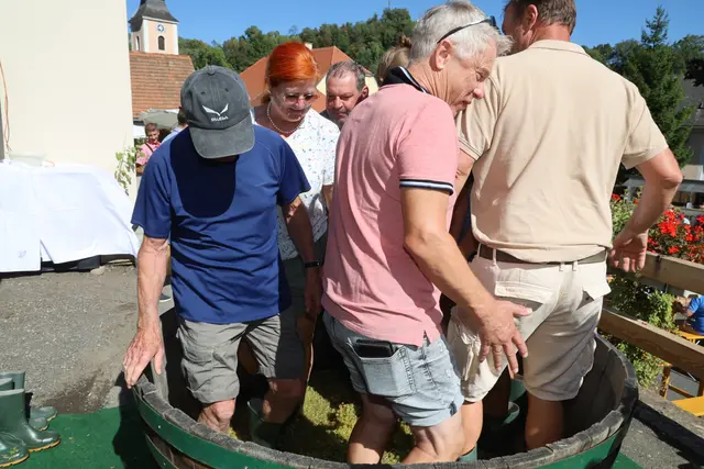 Die Trauben wurden von den Gästen ausgetreten. | Foto: Johann Schleich