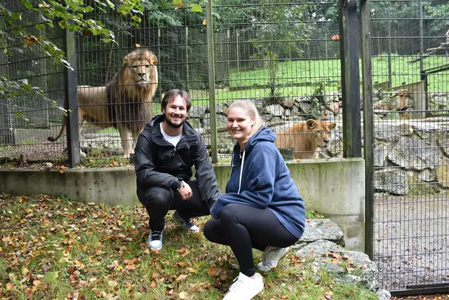 Leon und Denise Grasser vor dem Patentier Mufasa und der Löwendame Ramlah. | Foto: Herbert Stoschek