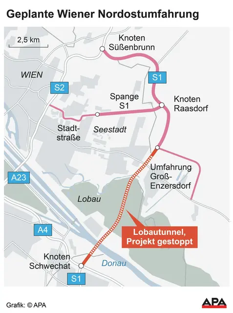 Geplante Wiener Nordostumfahrung mit Lobautunnel. | Foto: APA-Grafik / picturedesk.com