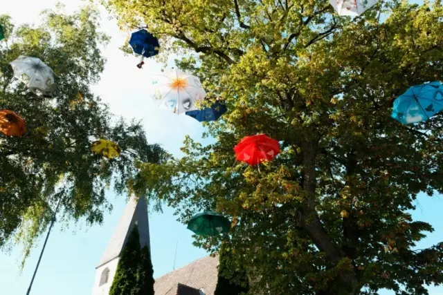 Mit kunstvoll gestalteten, alten Regenschirmen geschmückte Bäume beim Festgelände
Blick auf das Festgelände rund um das Kriegerdenkmal Oftering. | Foto: OÖKB