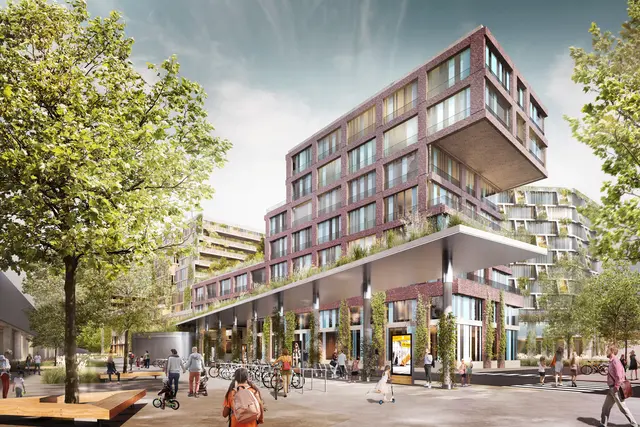 So soll das "Biotop Wildquell" ausschauen: Zwischen den begrünten Wohnhäusern soll es Grünraum geben – zusätzlich zum drei Hektar großen öffentlichen Park. (Visualisierung) | Foto: Schreiner Kastler