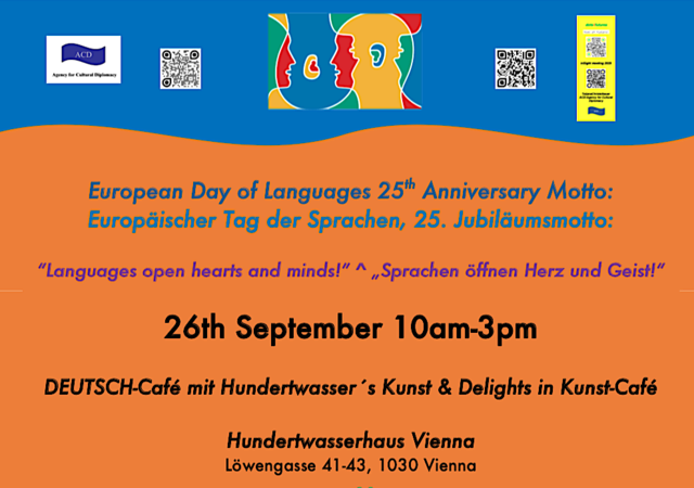 Poster zum Beitrag anlässlich des Jubiläumsfeiers: Europäischen Tag der Sprachen 2025,
Kunst-Café im Hundertwasserhaus | Foto: Tatjana Christelbauer