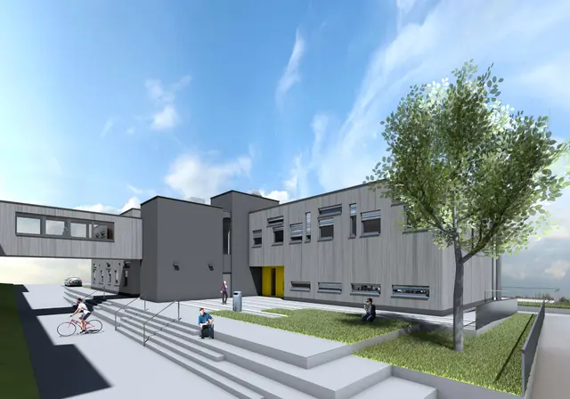 Das Gebäude soll sich durch seine hölzerne Fassade und dem Dach nahtlos in das Grün des Wienerwaldes einfügen. | Foto: Delta Pods Architects ZT GMBH