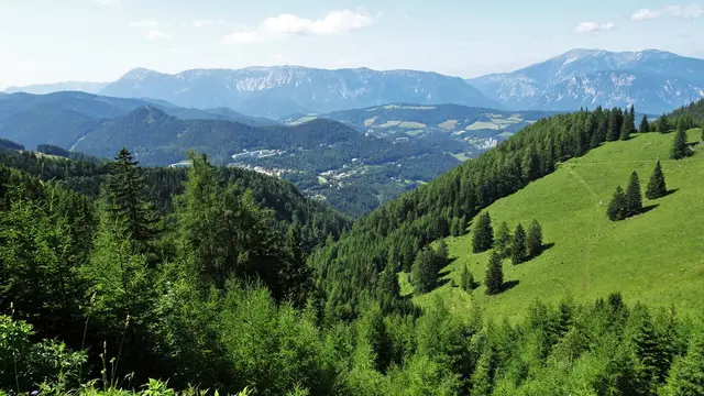 ... Schneealm, Rax, Schneeberg - Kreuzberg - Roter Berg, Pinken- und Semmeringkogel mit Kurort Semmering - links der Ausläufer vom Hirschenkogel ...
 | Foto: © Silvia Plischek