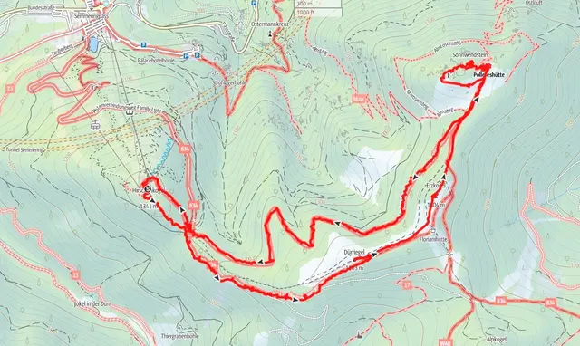 Übersichtskarte / Wanderroute:  Rundwanderung Hirschenkogel (1340 m ü.A.) – Dürriegel (1463 m ü.A.) – Erzkogel (1504 m ü.A.) – Sonnwendstein (1523 m ü.A.) – Hirschenkogel 
 | Foto: © Silvia Plischek