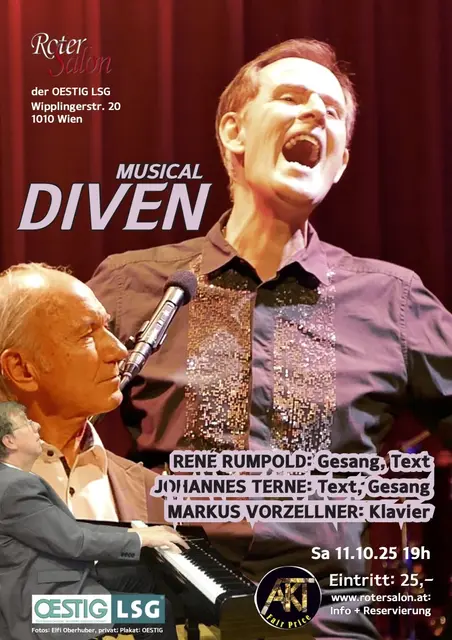 Bühnenstar René Rumpold singt Hits der größten Musical-Diven, Johannes Terne wagt sich an Marlene Dietrich heran.   | Foto: © Fotos: Elfi Oberhuber, privat; Plakat: OESTIG