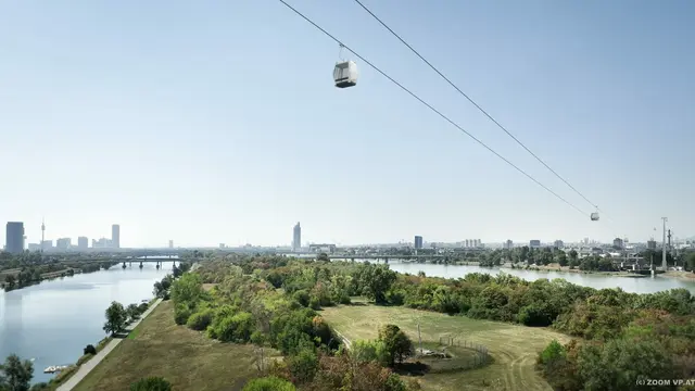 Per Gondel über die Donauinsel. 23 Stützen soll es insgesamt für eine Seilbahn geben, auf der Insel ist zumindest keine geplant. | Foto: Genial Tourismus- & Projektentwicklung GmbH