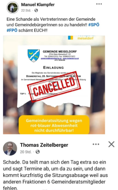 Auch Geschäftsführender Gemeinderat Thomas Zeitelberger zeigte in sozialen Medien Unmut, weil er sich extra für die Sitzung Zeit freigeschaufelt hatte. | Foto: SPÖ Meiseldorf