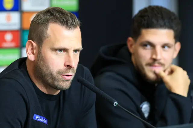 Glasgow Rangers gastieren in Graz: Am Mittwoch stellten sich Sturm-Cheftrainer Jürgen Säumel und Verteidiger Emir Karic den Fragen der internationalen Presse. | Foto: GEPA