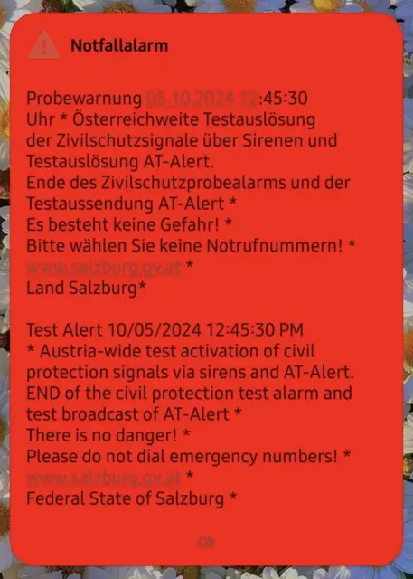 Nach der österreichweiten Gefahrenmeldung wird der AT-Alert ab 12.45 Uhr ein zweites Mal im ganzen Bundesland Salzburg als Notfallalarm ausgelöst. Das ist die höchste Warnstufe des AT-Alerts, die automatisch auf allen Handys erscheint. (Im Bild: Notfallalarm-Probe 2024) | Foto: Carmen Kurcz