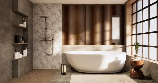 Holz, Stein und warme Naturfarben prägen die Badezimmertrends 2026 und schaffen eine ruhige, wohnliche Atmosphäre. | Foto: Adobe Stock/ Interior Design