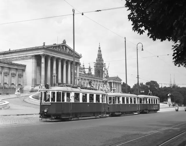 Zug der Linie D mit Dreiwagenzug der Type M-m-m vor dem Parlament am Ring 1953, im Hintergrund das Rathaus. (Archiv) | Foto: Wiener Linien