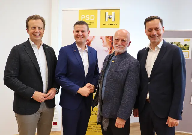 Eröffneten das Psychosoziale Zentrum GU-Süd: LR Karlheinz Kornhäusl, Hausmannstättens Bgm. Patrick Dorner, Hilfswerk Steiermark-Geschäftsführer Gerald Mussnig und NAbg. Ernst Gödl. | Foto: Edith Ertl