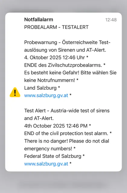 Auch AT-Alarm wurde getestet. Hier BS-Foto von der Entwarnung (Bildschirmfoto) | Foto: Meinbezirk.at/lungau