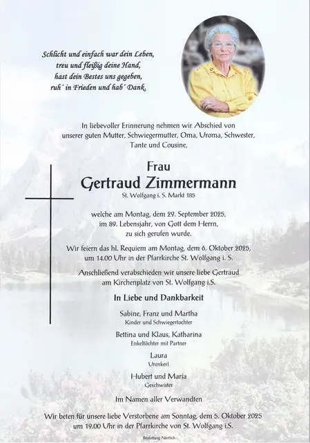 Gertraud Zimmermann verstarb im 89. Lebensjahr
| Foto: Bestattung Nierlich