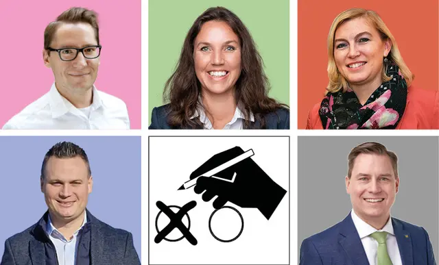 Clemens Ableidinger (NEOS), Ulli Fischer (Grüne), Doris Hahn (SPÖ), Andreas Bors (FPÖ) und Christoph Kaufmann (ÖVP) (von li. nach re.). | Foto: NEOS,Grüne,SPÖ,zVg,ÖVP,pixabay/Kollage: Karle