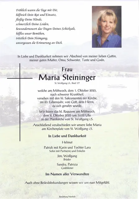 Maria Steininger verstarb im 63. Lebensjahr (Parte)
| Foto: Bestattung Nierlich