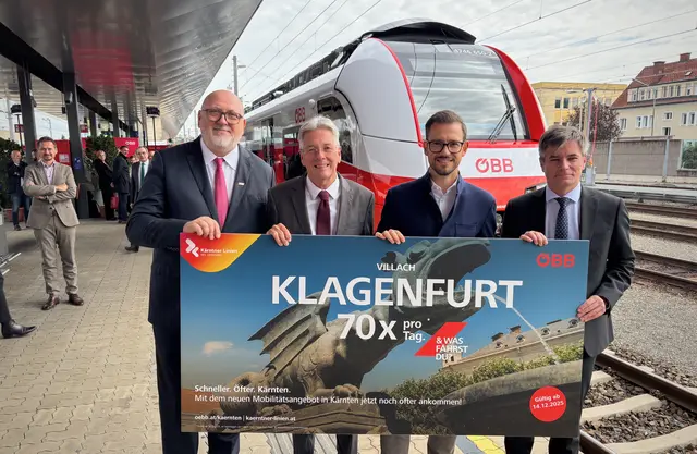 Freuen sich über den neuen Fahrplan: ÖBB-CEO Andreas Mathä, LH Peter Kaiser, LR Sebastian Schuschnig und NR Wolfgang Moitzi | Foto: MeinBezirk.at/Stephan Fugger 
