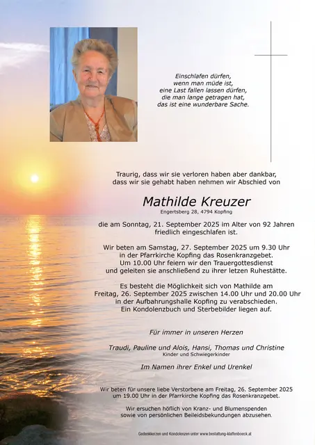 Todesfall: KOPFING: Mathilde Kreuzer im 93. Lebensjahr  | Foto: Kreutzer