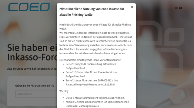 Die Firma „coeo Inkasso GmbH“ warnt auf der eigenen Website vor einer aktuellen Phishing-Welle. | Foto: Screenshot coeo-inkasso.at