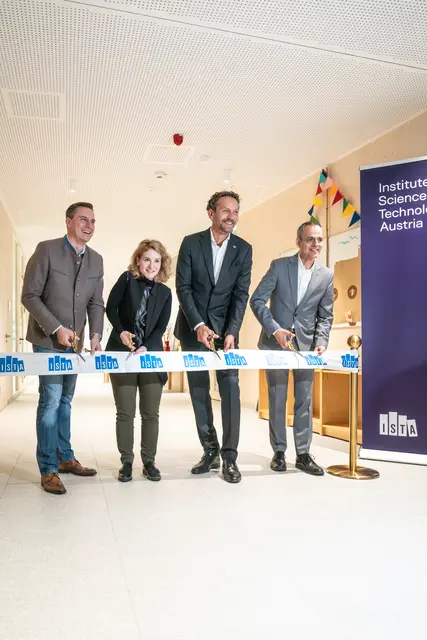 Der neue ISTA Kindergarten wurde am Montag offiziell eröffnet: Christoph Kaufmann (ÖVP), Eva-Maria Holzleitner (SPÖ), Martin Hetzer und Georg Schneider durchschnitten das Band. | Foto: ISTA
