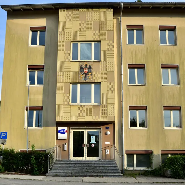 Dekoratives Sgraffito von Leopold Schmid beim am 7. Oktober 1956 feierlich eröffneten Finanzamtsgebäude (heute AMS) in Scheibbs. | Foto: Hans-Peter Kriener