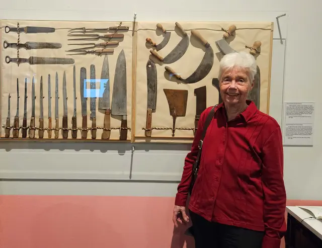 Museumsdirektorin Christl Chlebecek vor zur Ausstellung "Fleisch" im Wien Museum geliehenen Exponaten des Universalmuseums Kierling. | Foto: Archiv Museum Kierling