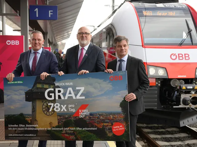 LH Mario Kunasek, ÖBB-Chef Andreas Matthä und Wolfgang Moitzi bei der Präsentation. | Foto: Haslebner