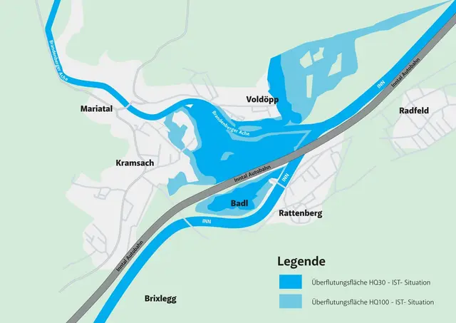 Die Brandenberger Ache ist für Kramsach und den Ortsteil Badl eine größere Gefahr als der Inn. Bereits bei einem Hochwasser mit einer 30-jährlichen Eintrittswahrscheinlichkeit ist auch Badl betroffen. | Foto: Land Tirol