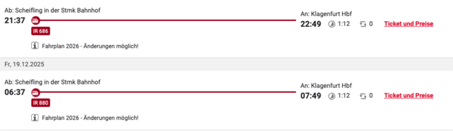 So sieht die Verbindung für einige Schülerinnen und Schüler nach Klagenfurt aus. | Foto: Screenshot ÖBB-Fahrplan