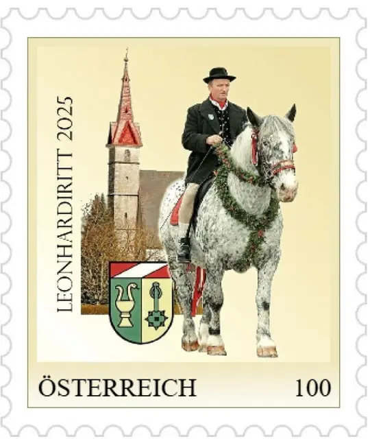 Aufgelegt wird heuer eine personalisierte Briefmarke, welche den Obmann des Leonhardiritt-Komitees auf seinem Pferd zeigt. Sie kann zum Preis von 3 Euro erworben werden. | Foto: BSV Pettenbach