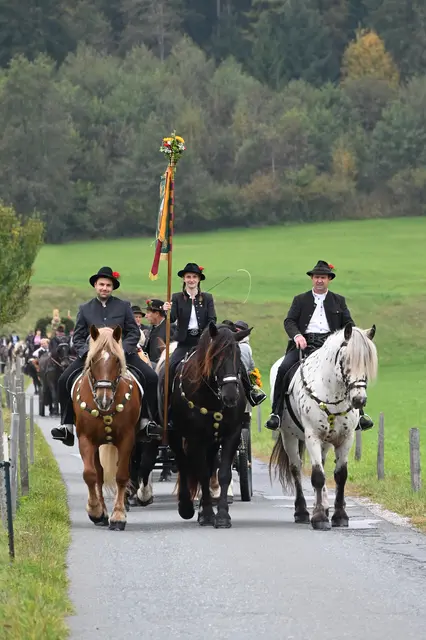 Jedes Jahr führen die Standartenreiter des Noriker Pferdezuchtvereins Wilder Kaiser und Umgebung den Leonhardiritt an. 