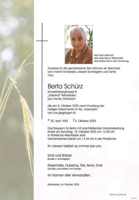 Berta Schürz, 85 Jahre | Foto: Bestattung Thaller