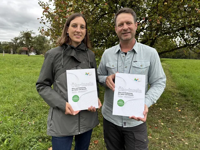 Die önj Haslach-Mitarbeiterin Veronika Tambe und önj Teamleiter Alexander Zimmerhackl präsentieren das neue Buch „ÖKO-Inseln-Wert und Bedeutung für Natur und Mensch“ der Österreichischen Naturschutzjugend Haslach.  | Foto: Helmut Eder