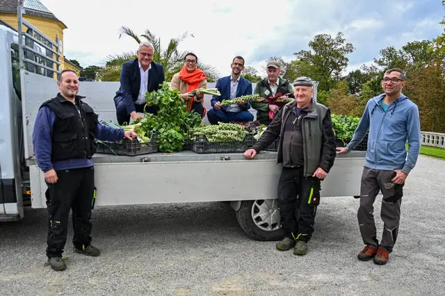 Bürgermeister Thomas Steiner, Caritas-Direktorin Melanie Balaskovics und Christian Widder, Geschäftsführer der Schlosspark GmbH mit den Gärtnern und ihrer Ernte. | Foto: Eisenstadt