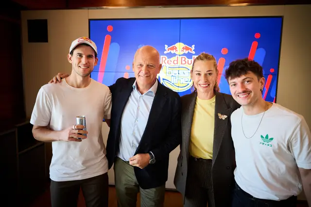 Beim Pressegespräch zum "Red Bull BassLine" 2025, v. l.: Ex-Profi und Teilnehmer Dominic Thiem, Erste Bank Open-Direktor Herwig Straka, Moderatorin Barbara Schett und Musiker RIAN. | Foto: Philipp Carl Riedl / Red Bull Content Pool